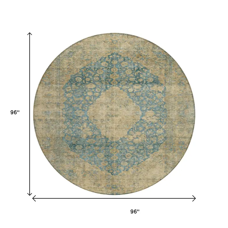 8' Blue And Beige Round Medallion Washable Indoor Outdoor Area Rug