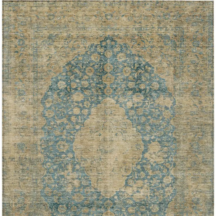 8' X 10' Blue And Beige Medallion Washable Indoor Outdoor Area Rug