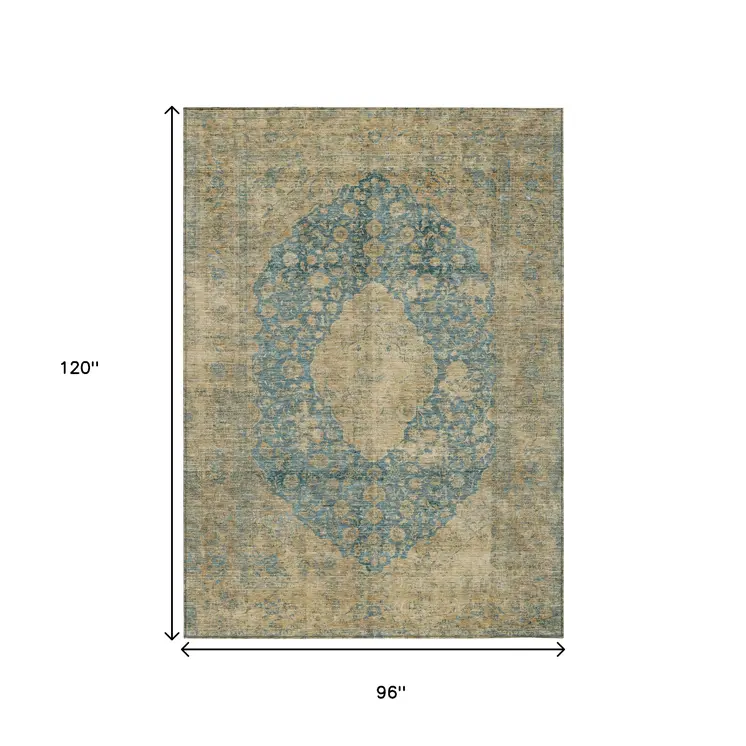 8' X 10' Blue And Beige Medallion Washable Indoor Outdoor Area Rug