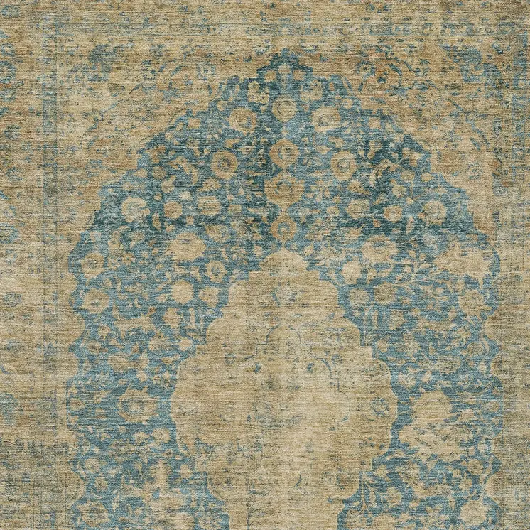 9' X 12' Blue And Beige Medallion Washable Indoor Outdoor Area Rug