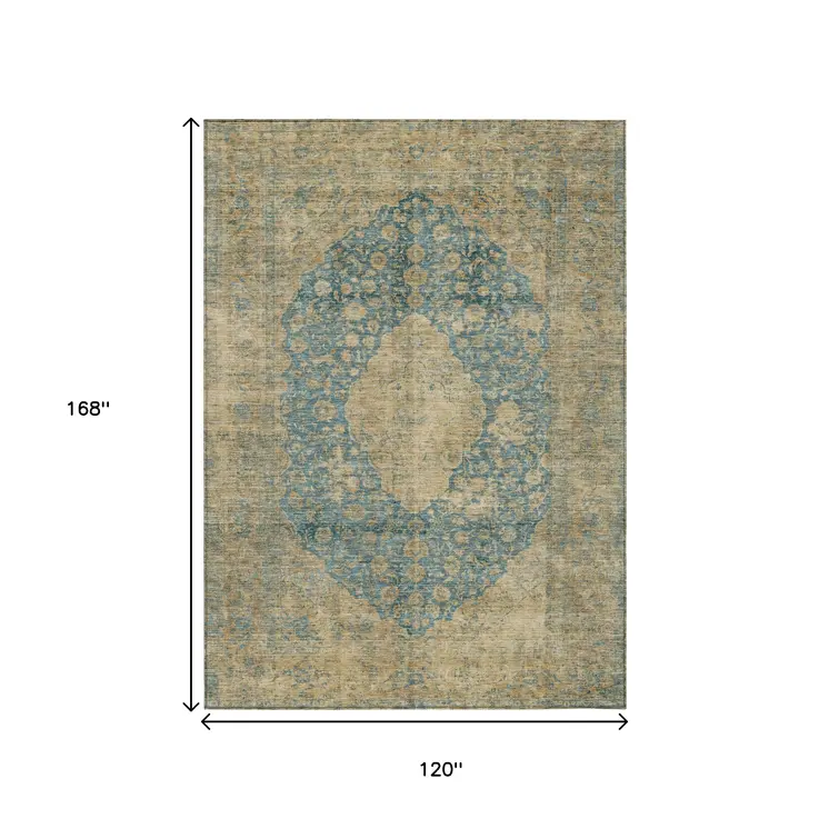 10' X 14' Blue And Beige Medallion Washable Indoor Outdoor Area Rug