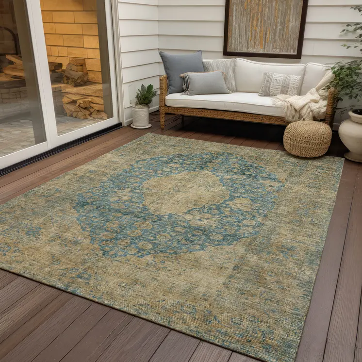 10' X 14' Blue And Beige Medallion Washable Indoor Outdoor Area Rug