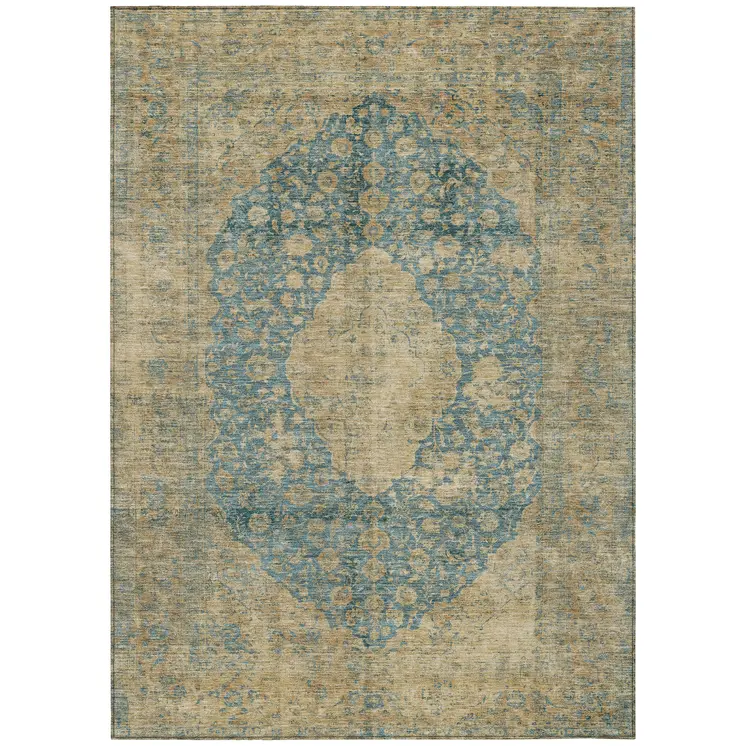 10' X 14' Blue And Beige Medallion Washable Indoor Outdoor Area Rug