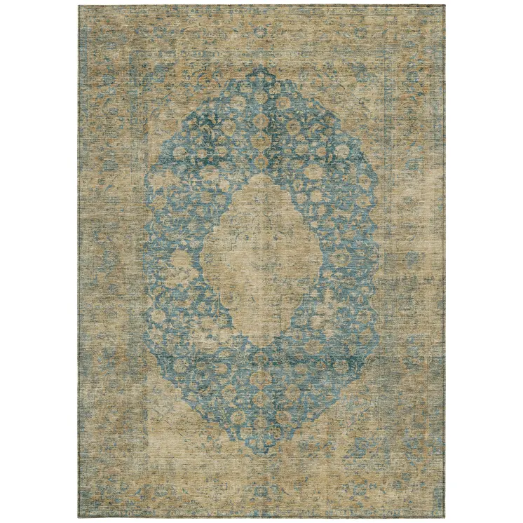 10' X 14' Blue And Beige Medallion Washable Indoor Outdoor Area Rug