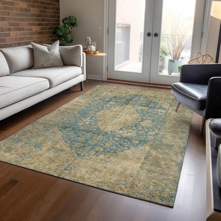 10' X 14' Blue And Beige Medallion Washable Indoor Outdoor Area Rug