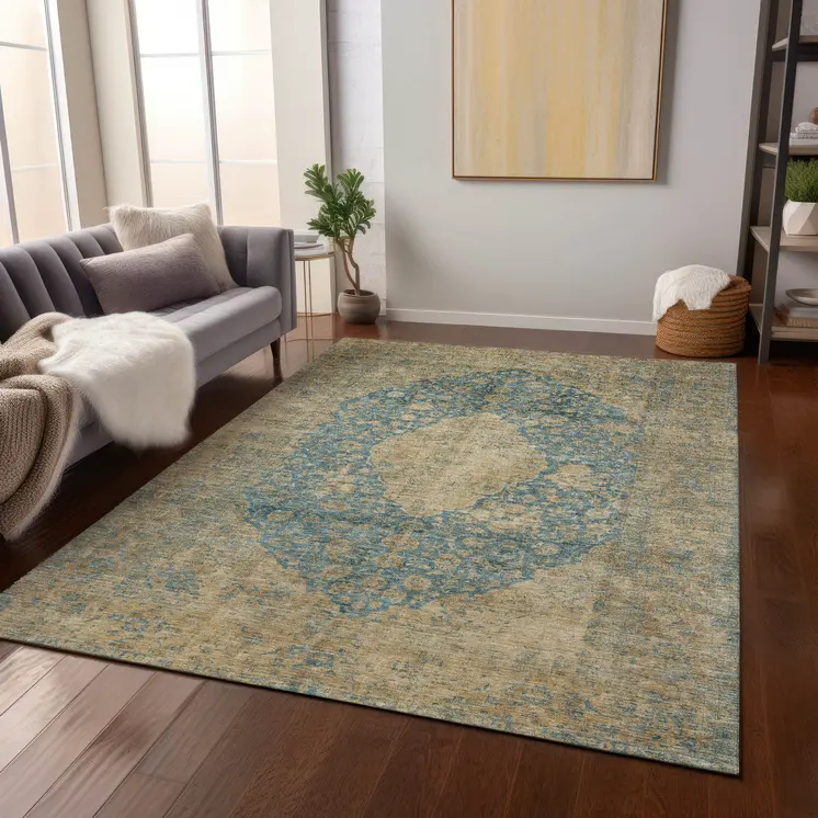 10' X 14' Blue And Beige Medallion Washable Indoor Outdoor Area Rug