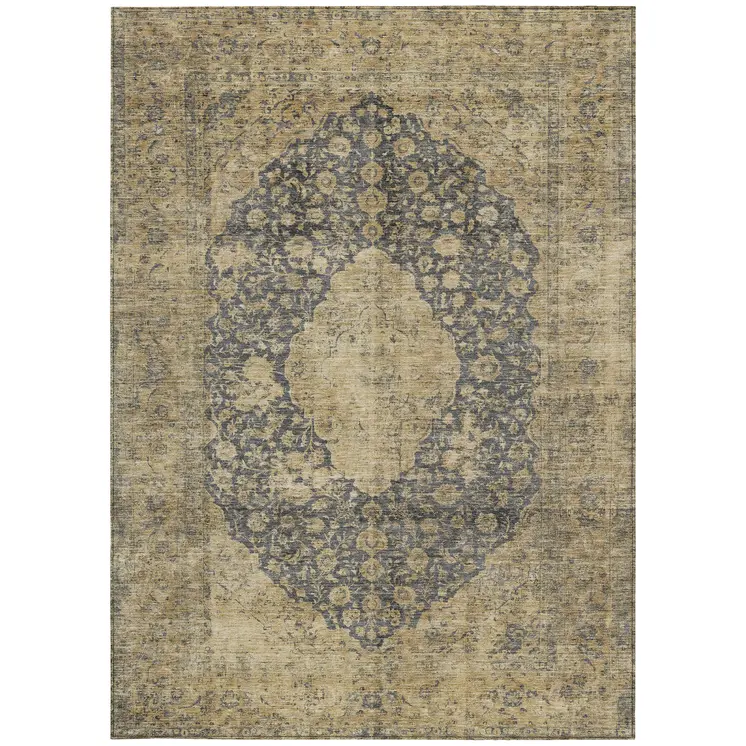 3' X 5' Charcoal And Beige Medallion Washable Indoor Outdoor Area Rug