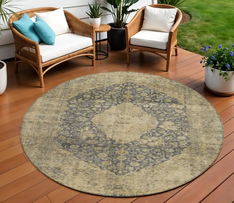 8' Charcoal And Beige Round Medallion Washable Indoor Outdoor Area Rug
