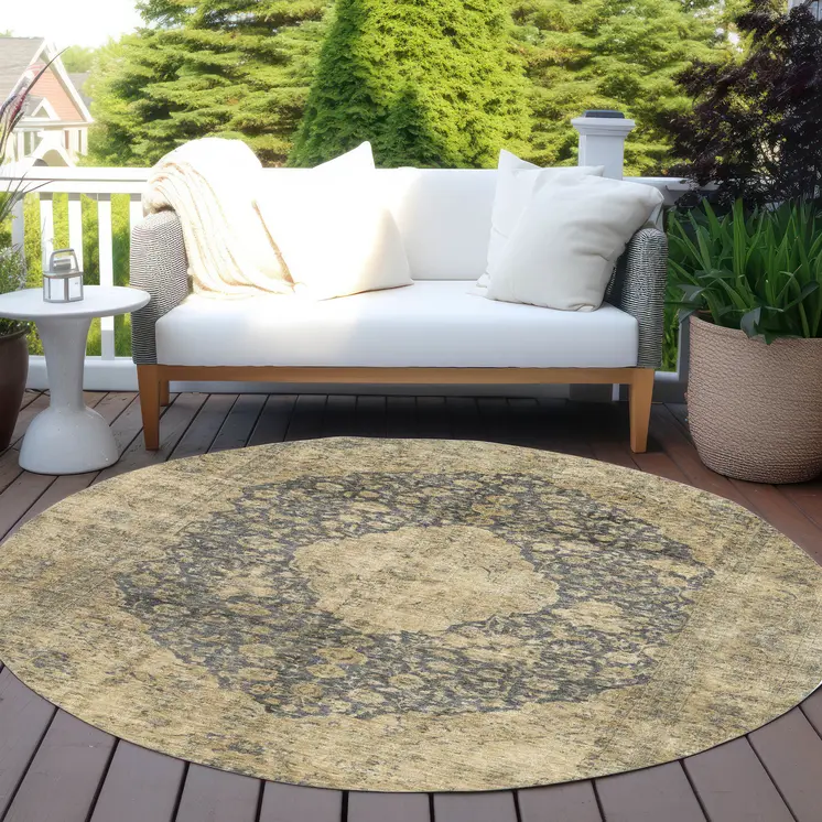 8' Charcoal And Beige Round Medallion Washable Indoor Outdoor Area Rug
