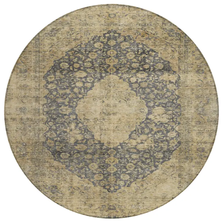 8' Charcoal And Beige Round Medallion Washable Indoor Outdoor Area Rug