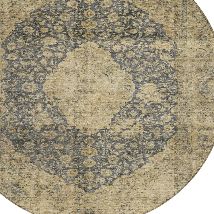 8' Charcoal And Beige Round Medallion Washable Indoor Outdoor Area Rug