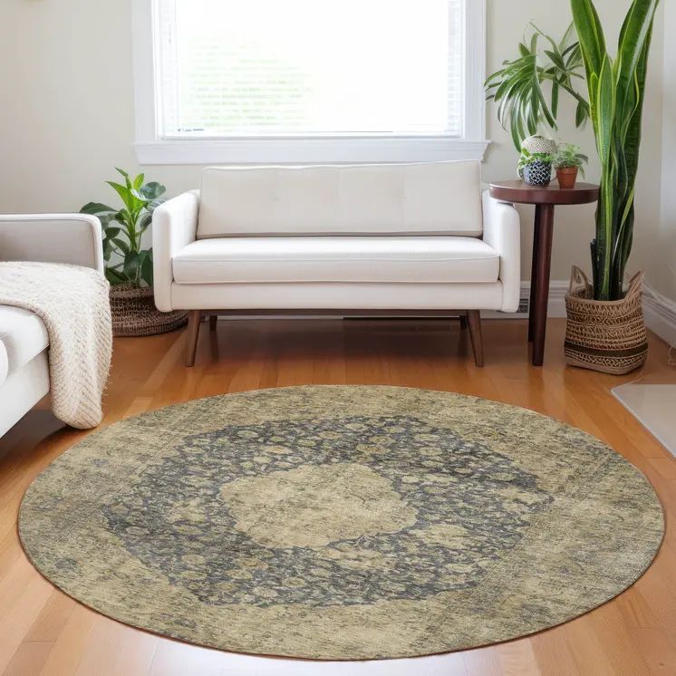 8' Charcoal And Beige Round Medallion Washable Indoor Outdoor Area Rug