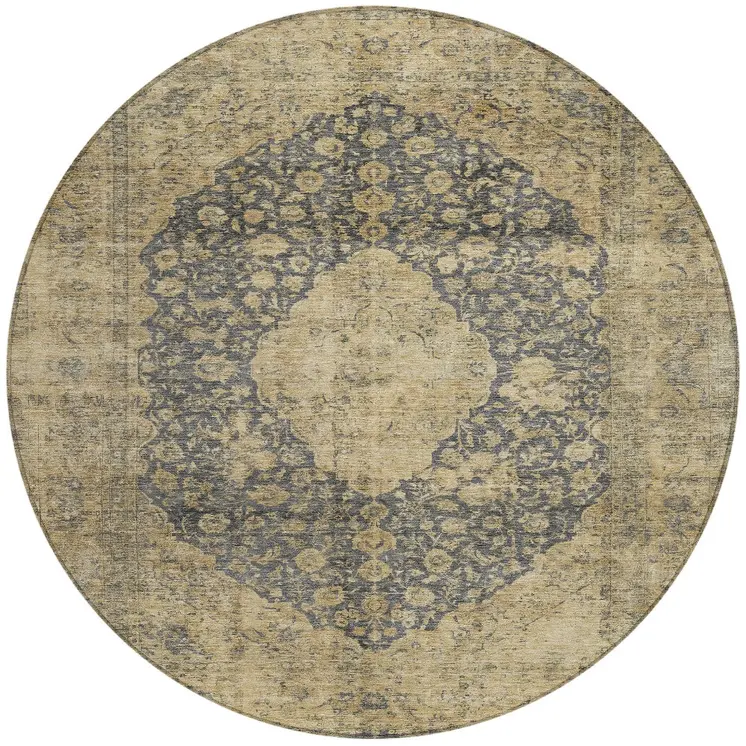 8' Charcoal And Beige Round Medallion Washable Indoor Outdoor Area Rug