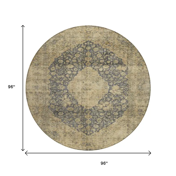 8' Charcoal And Beige Round Medallion Washable Indoor Outdoor Area Rug
