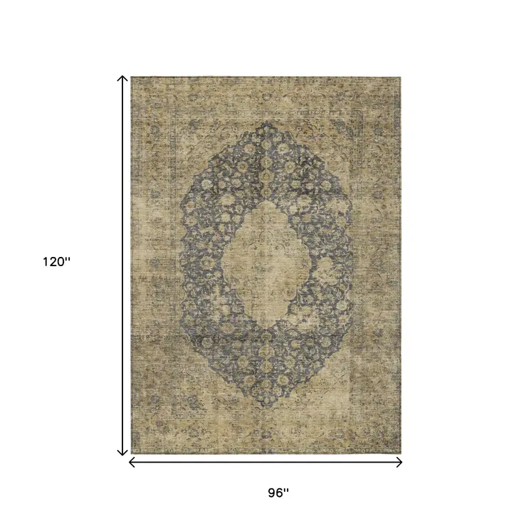 8' X 10' Charcoal And Beige Medallion Washable Indoor Outdoor Area Rug