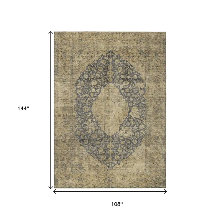 9' X 12' Charcoal And Beige Medallion Washable Indoor Outdoor Area Rug