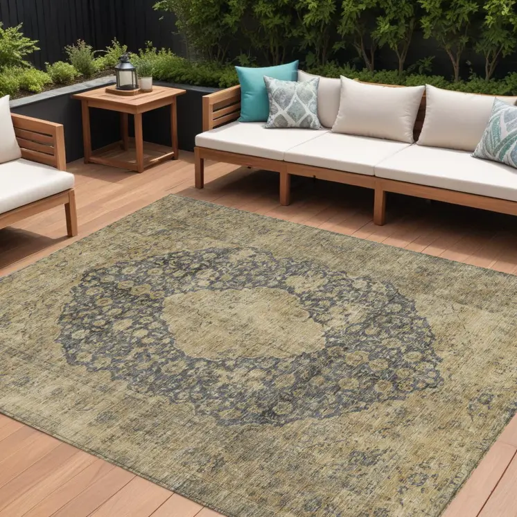 9' X 12' Charcoal And Beige Medallion Washable Indoor Outdoor Area Rug
