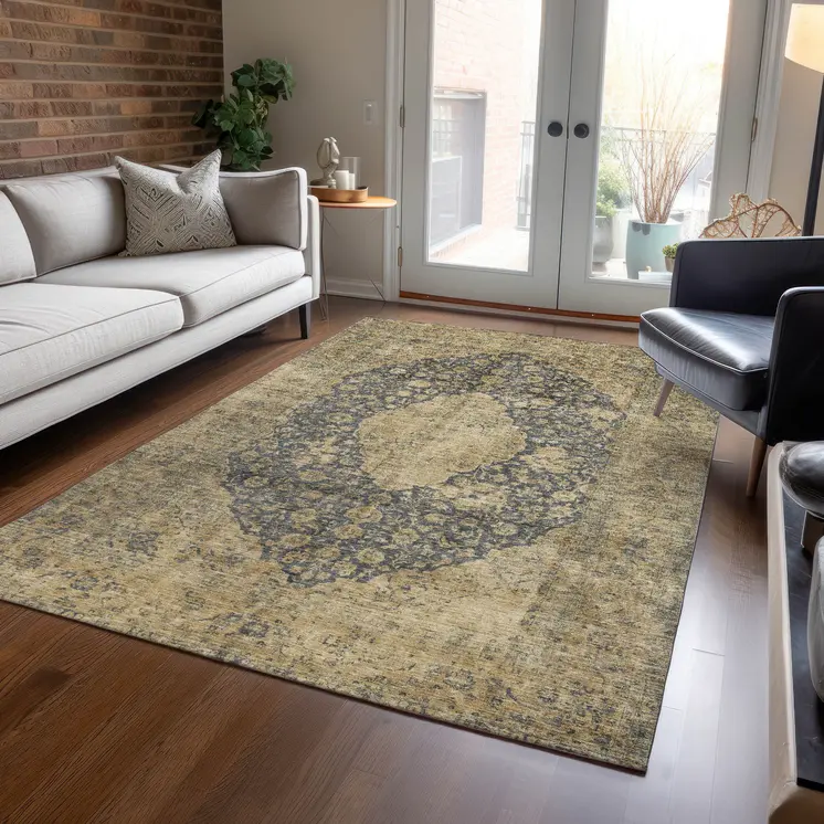 9' X 12' Charcoal And Beige Medallion Washable Indoor Outdoor Area Rug
