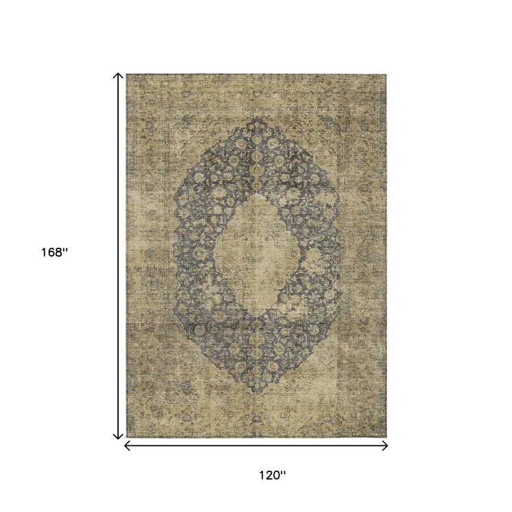 10' X 14' Charcoal And Beige Medallion Washable Indoor Outdoor Area Rug