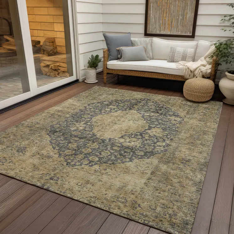 10' X 14' Charcoal And Beige Medallion Washable Indoor Outdoor Area Rug