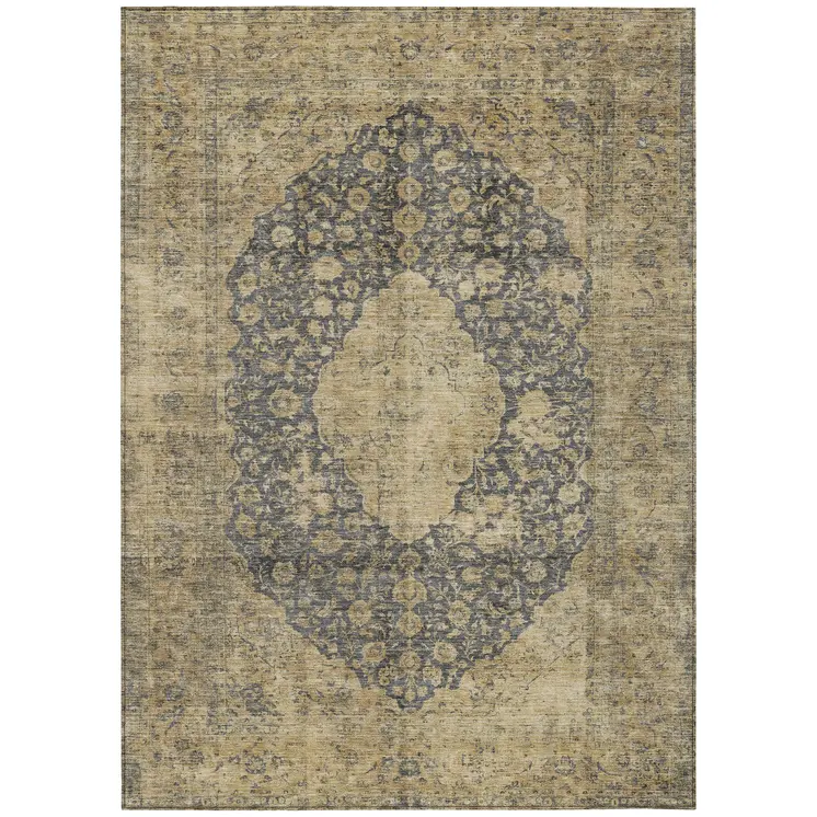 10' X 14' Charcoal And Beige Medallion Washable Indoor Outdoor Area Rug
