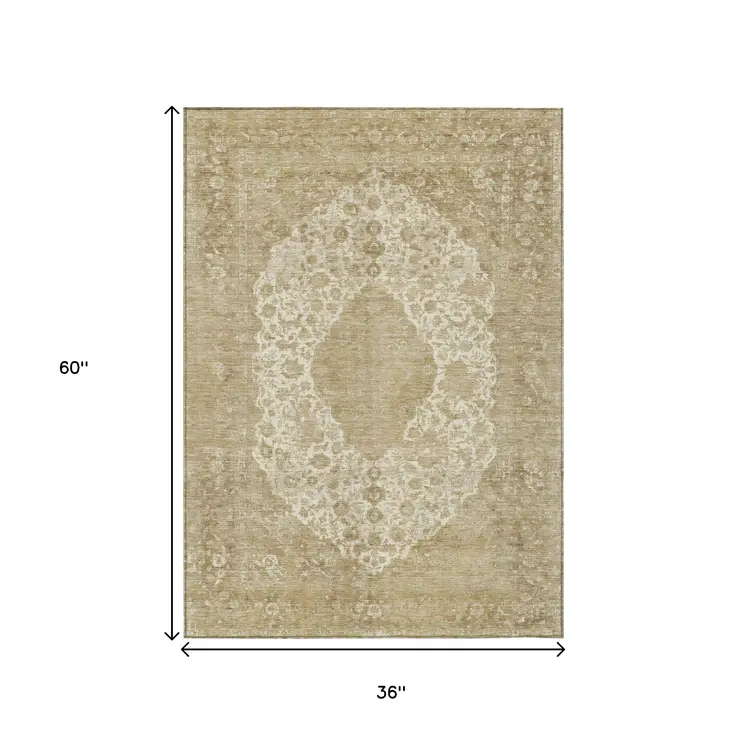 3' X 5' Ivory And Beige Medallion Washable Indoor Outdoor Area Rug