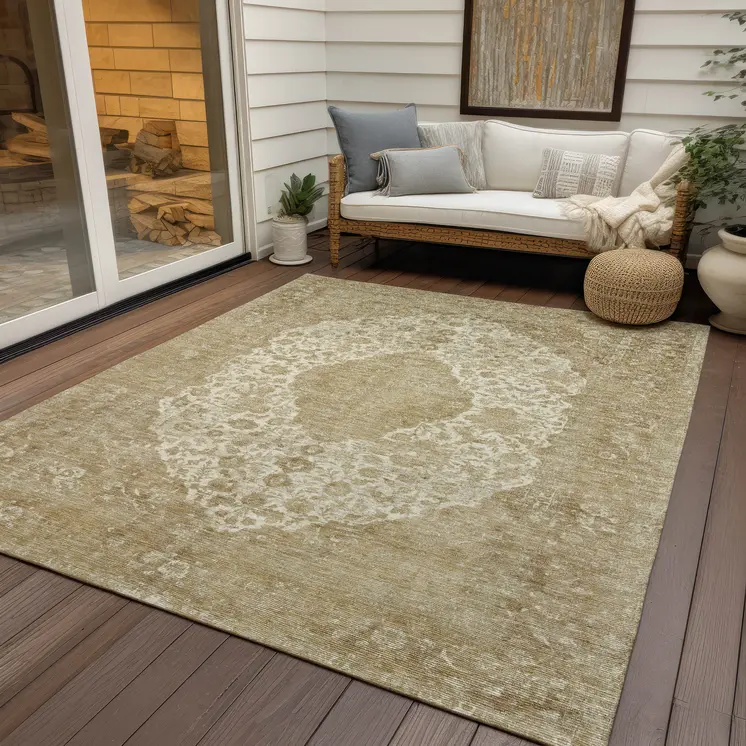 3' X 5' Ivory And Beige Medallion Washable Indoor Outdoor Area Rug