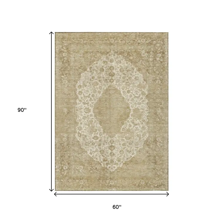 5' X 8' Ivory And Beige Medallion Washable Indoor Outdoor Area Rug