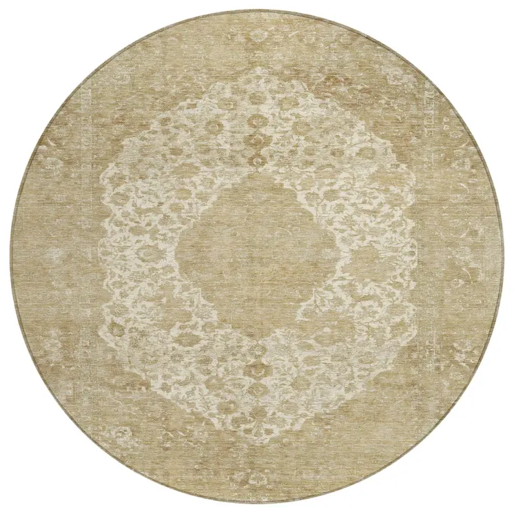 8' Ivory And Beige Round Medallion Washable Indoor Outdoor Area Rug