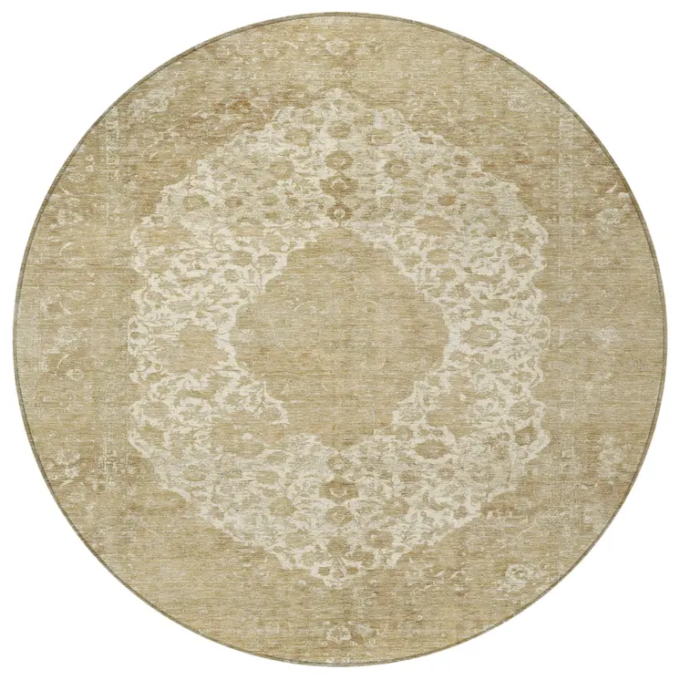 8' Ivory And Beige Round Medallion Washable Indoor Outdoor Area Rug