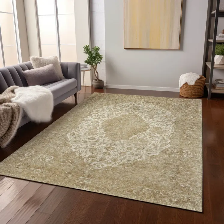 9' X 12' Ivory And Beige Medallion Washable Indoor Outdoor Area Rug
