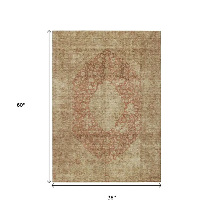 3' X 5' Rust And Beige Medallion Washable Indoor Outdoor Area Rug