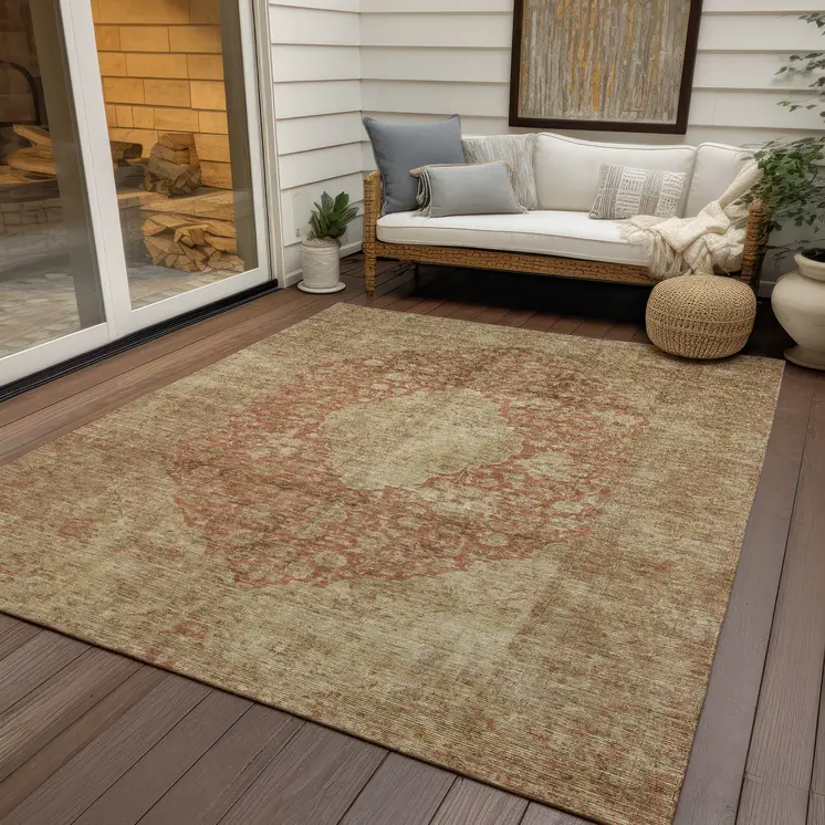 3' X 5' Rust And Beige Medallion Washable Indoor Outdoor Area Rug