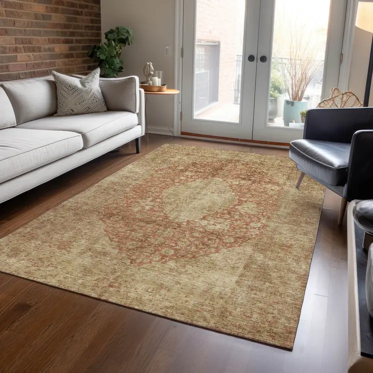 3' X 5' Rust And Beige Medallion Washable Indoor Outdoor Area Rug