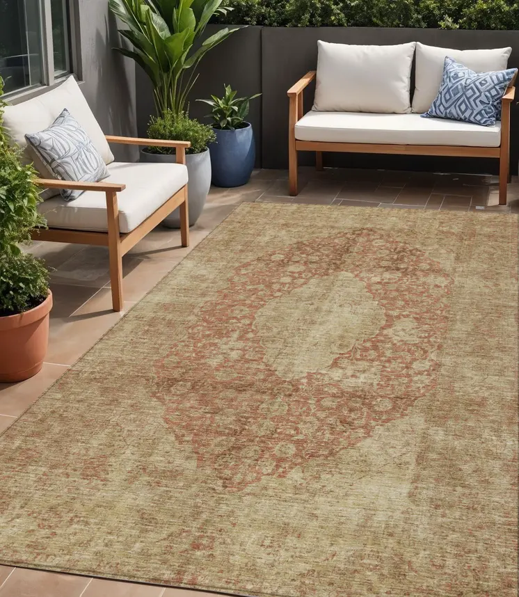 5' X 8' Rust And Beige Medallion Washable Indoor Outdoor Area Rug