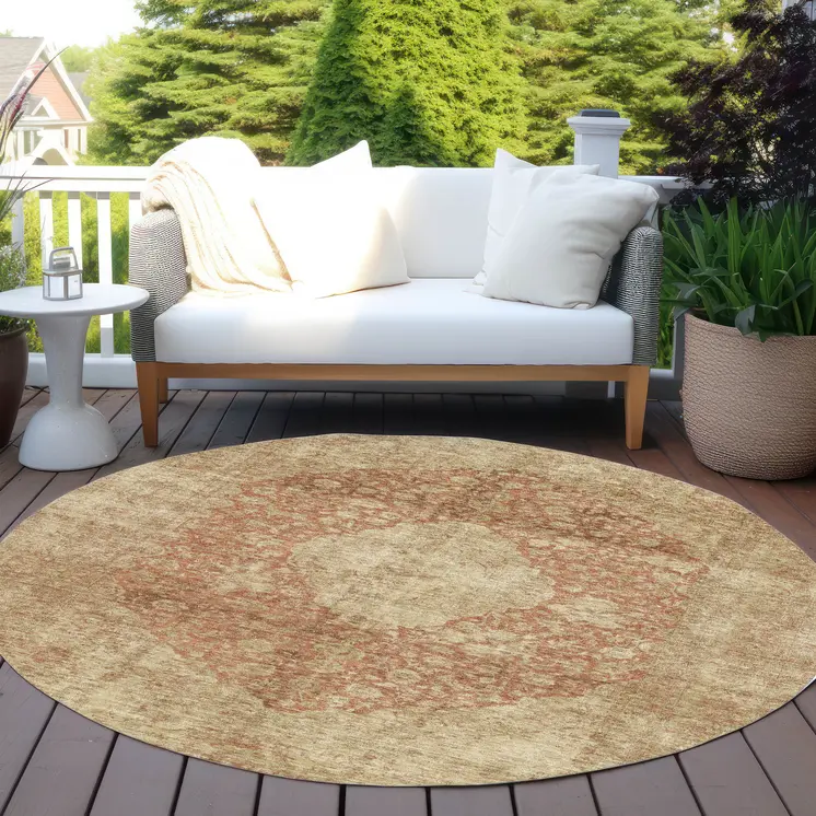 8' Rust And Beige Round Medallion Washable Indoor Outdoor Area Rug