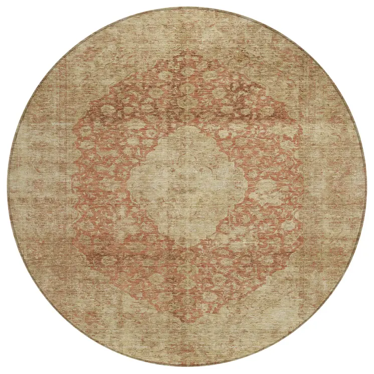 8' Rust And Beige Round Medallion Washable Indoor Outdoor Area Rug