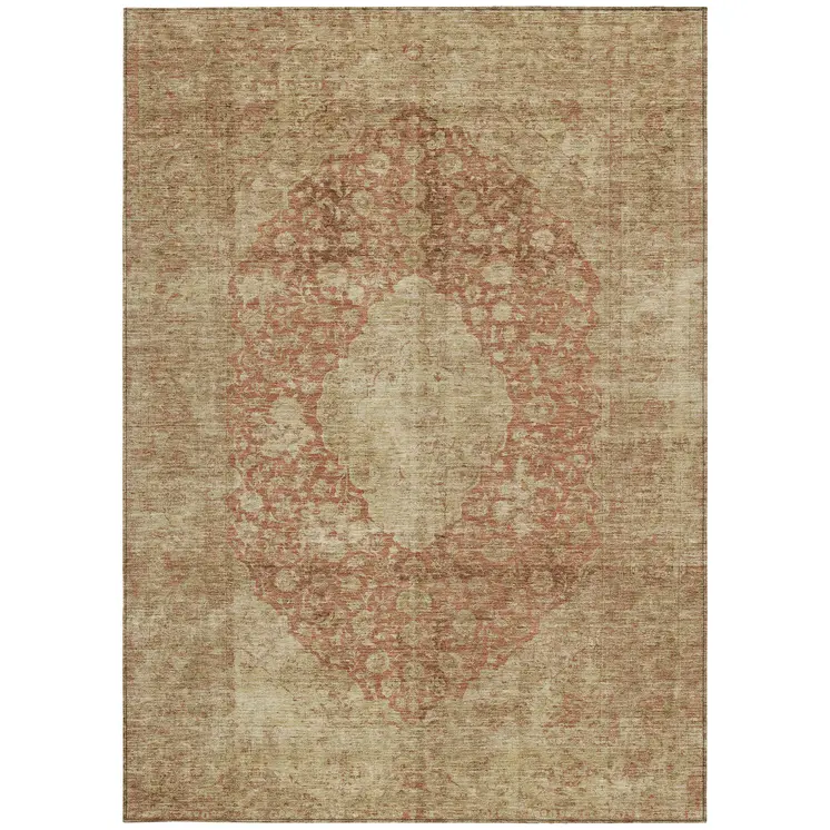 9' X 12' Rust And Beige Medallion Washable Indoor Outdoor Area Rug