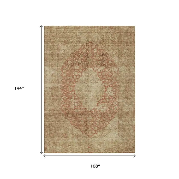 9' X 12' Rust And Beige Medallion Washable Indoor Outdoor Area Rug