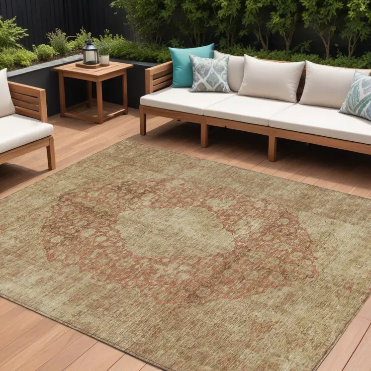9' X 12' Rust And Beige Medallion Washable Indoor Outdoor Area Rug
