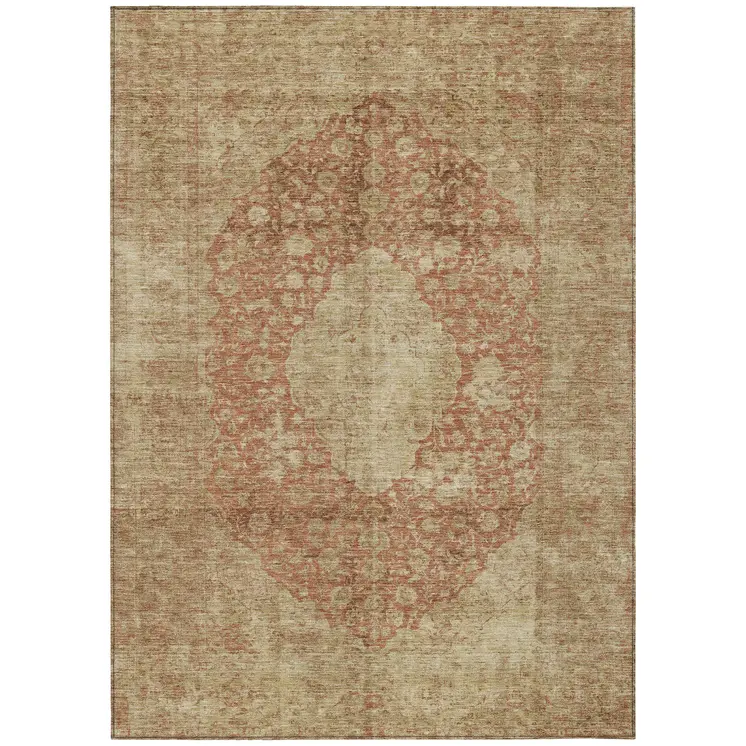 9' X 12' Rust And Beige Medallion Washable Indoor Outdoor Area Rug