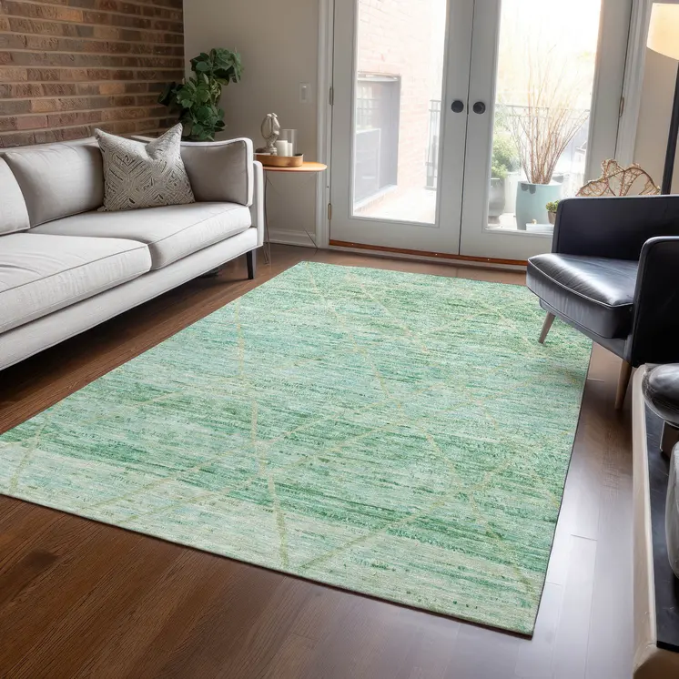 3' X 5' Artichoke Green And Beige Trellis Washable Indoor Outdoor Area Rug