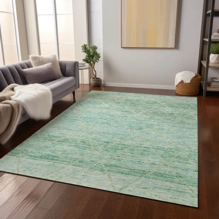 3' X 5' Artichoke Green And Beige Trellis Washable Indoor Outdoor Area Rug