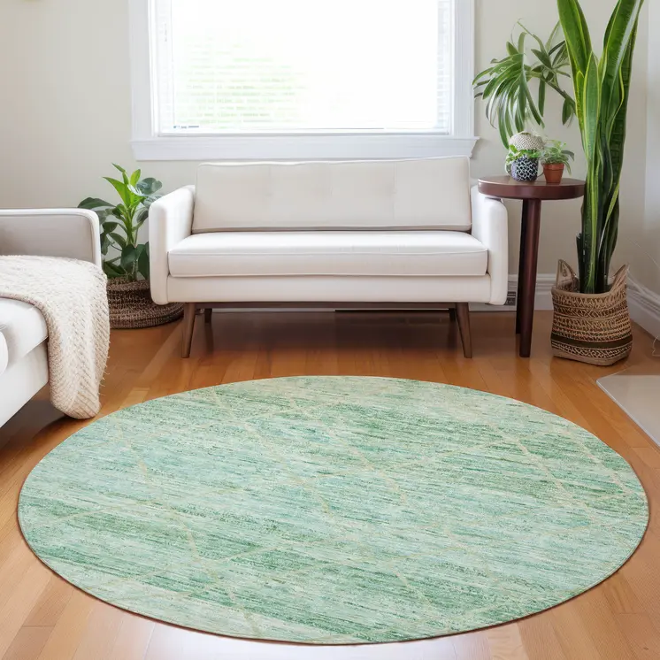 8' Artichoke Green And Beige Round Trellis Washable Indoor Outdoor Area Rug