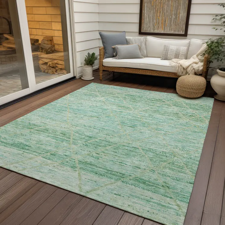 9' X 12' Artichoke Green And Beige Trellis Washable Indoor Outdoor Area Rug