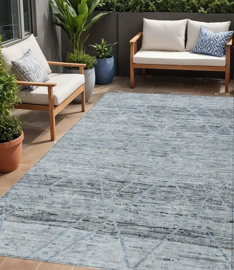 5' X 8' Blue And Gray Trellis Washable Indoor Outdoor Area Rug