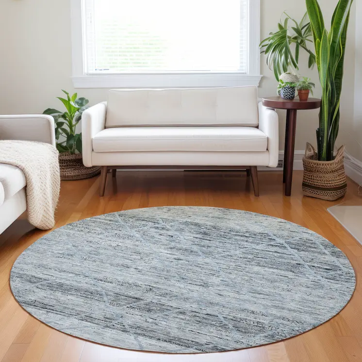 8' Blue And Gray Round Trellis Washable Indoor Outdoor Area Rug