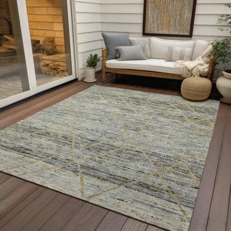 5' X 8' Pewter And Gold Trellis Washable Indoor Outdoor Area Rug