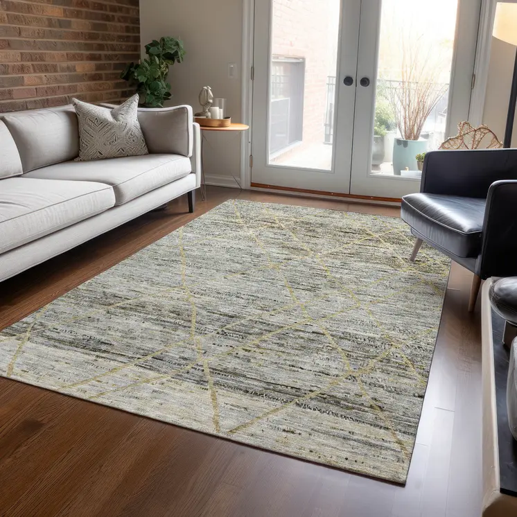 5' X 8' Pewter And Gold Trellis Washable Indoor Outdoor Area Rug