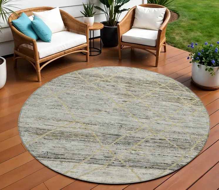 8' Pewter And Gold Round Trellis Washable Indoor Outdoor Area Rug